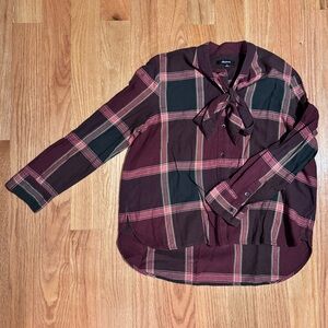 Madewell Plaid Long Sleeve Blouse with Tie Coller